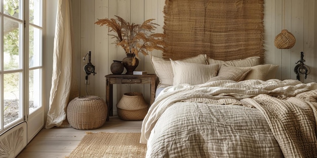 自然の木製の家具を備えたベージュ色のベッドルームの農場のインテリアのボホ・スカンジナビア様式