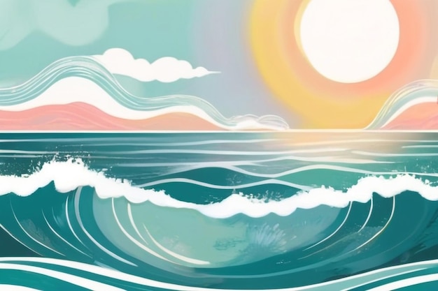 Бохо Морской пляж с волнами Печать с солнцем под морем Абстрактный фон Богемия