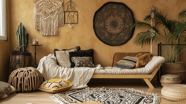 Boho-stijl huis interieur woonkamer in bruine warme kleur Generative Ai