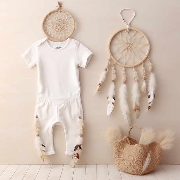 Photo boho style baby clothes mockup gender neutral white baby clothes on neutral background