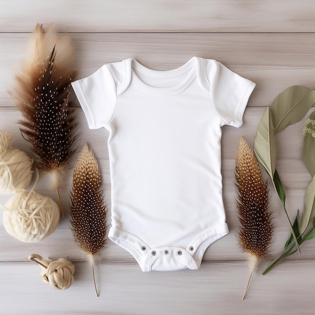 Boho style baby clothes mockup gender neutral white baby clothes on neutral background