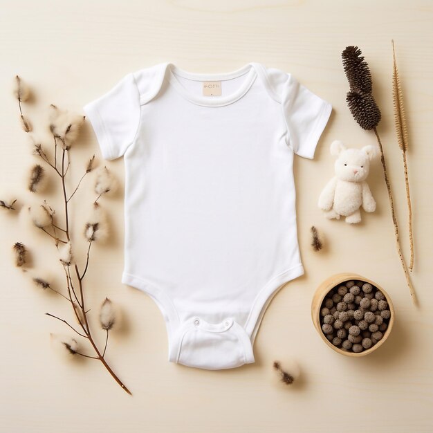 Boho style baby clothes mockup gender neutral white baby clothes on neutral background