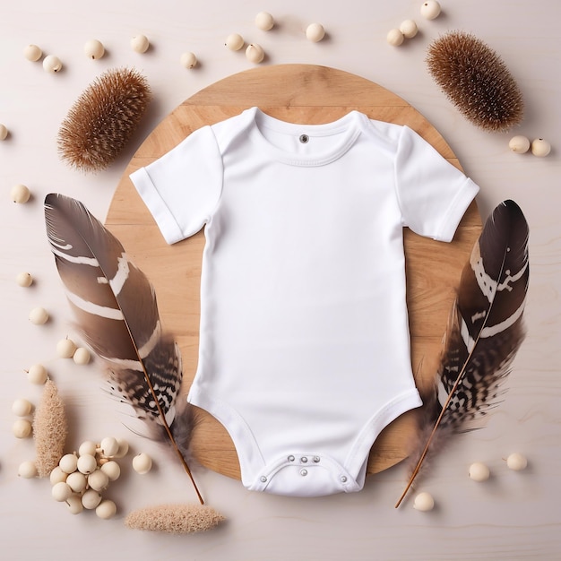 Boho style baby clothes mockup gender neutral white baby clothes on neutral background