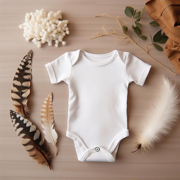 Boho style baby clothes mockup gender neutral white baby clothes on neutral background