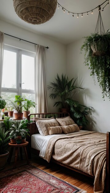 Photo boho style bedroom interior design with plants