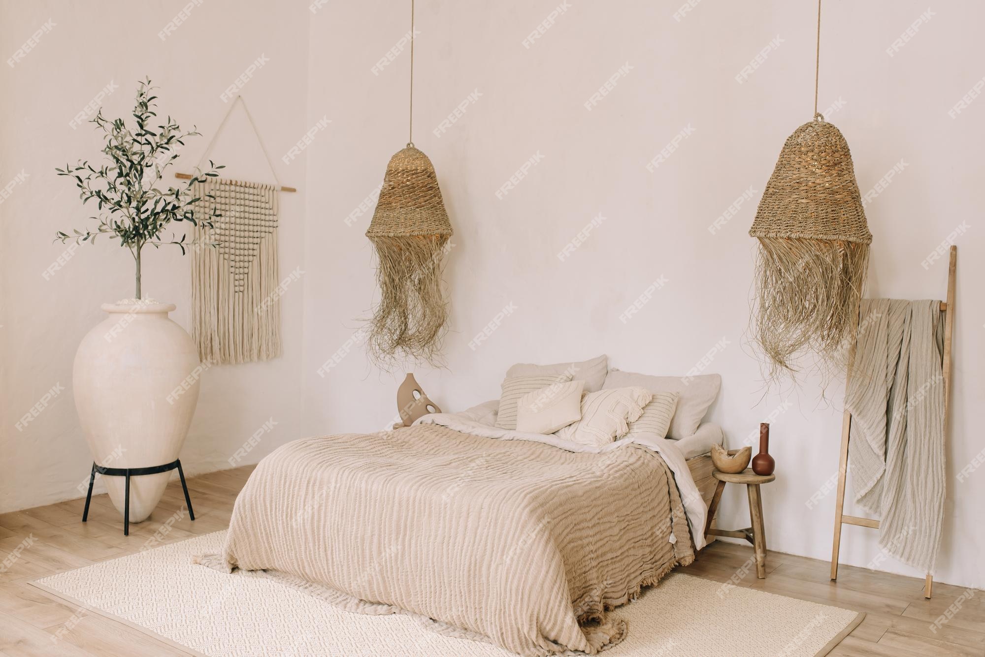 Premium Photo | Boho style bedroom interior light warm shades ...