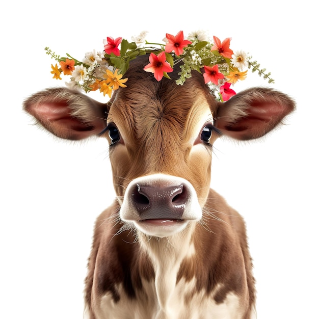 Photo boho style brown and white cow with floral headband on isolated white background
