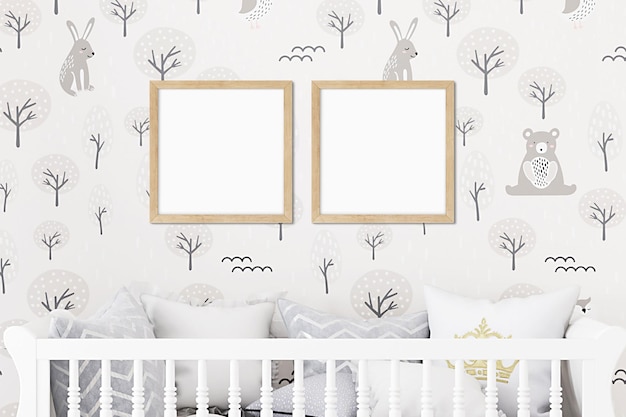 Boho style frame mockup in nursery for newborns and wood frame