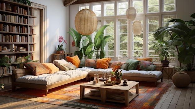 Boho style interior design of modern living room