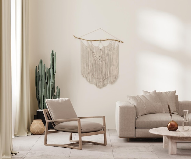 Boho style interior in earth tones beige wall armchair and sofa decor and cactus macrame on wall 3d render