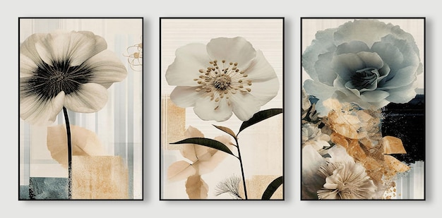 Boho style leaves flowers and geometric watercolor illustration abstract triptych