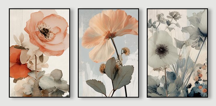 Photo boho style leaves flowers and geometric watercolor illustration abstract triptych