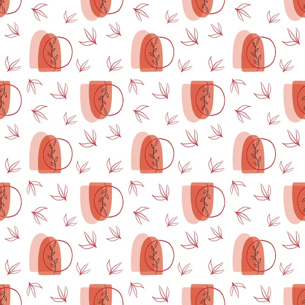 Boho style seamless pattern for Valentine`s Day. Abstract shapes compositions and hearts on white background.