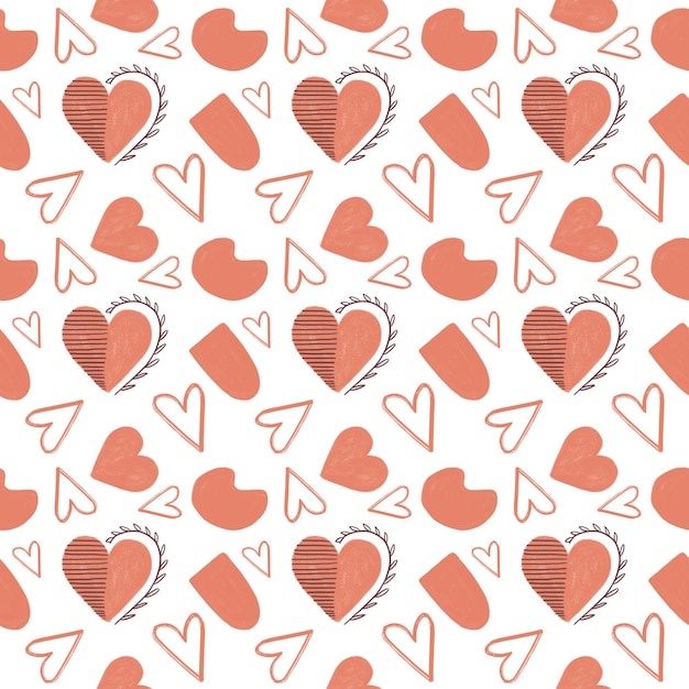 Boho style seamless pattern for Valentine`s Day. Abstract shapes compositions and hearts on white background.