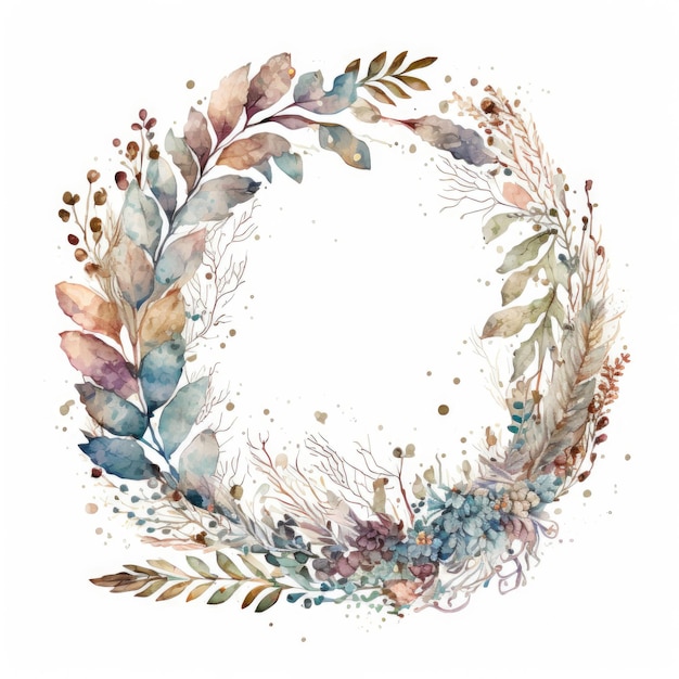 Boho Style Watercolor Wreath Illustration AI Generative