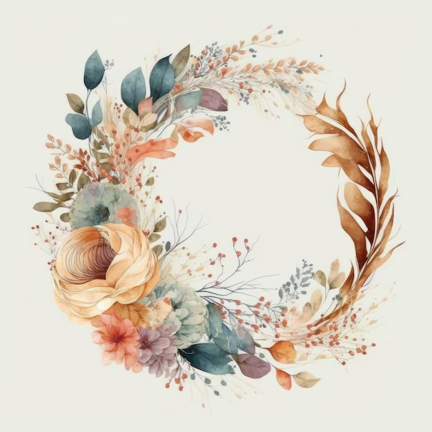 Boho Style Watercolor Wreath Illustration AI Generative