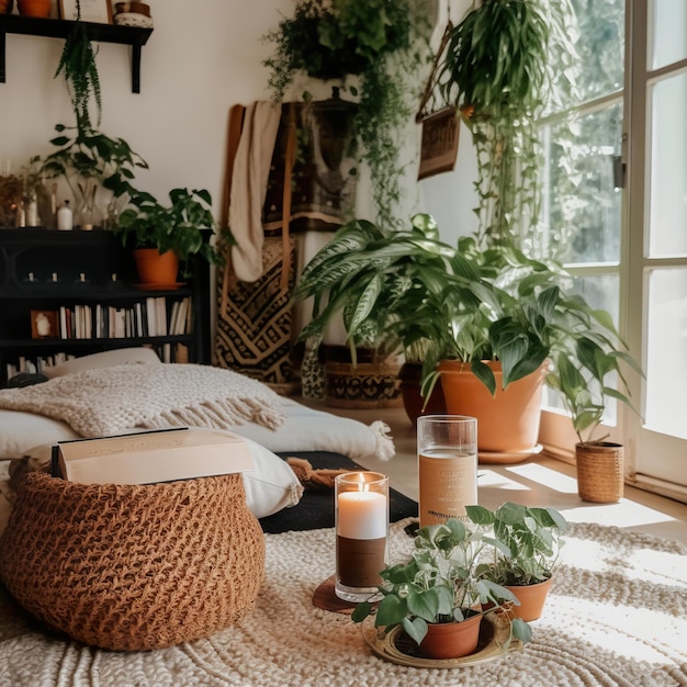 Photo boho styled room interior green houseplants and natural home decor