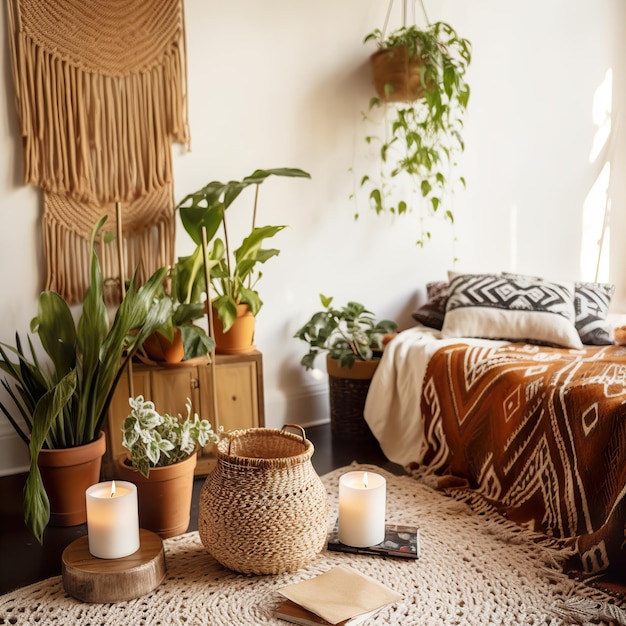 Photo boho styled room interior green houseplants and natural home decor