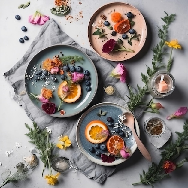 A boho table setting with plates of food including blueberries oranges and edible lavender flowers