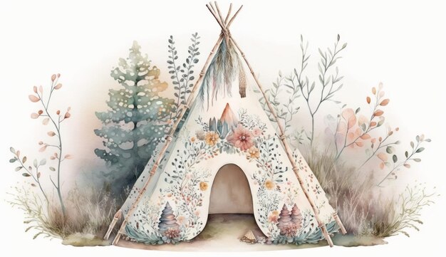 Boho Teepee Decorated with Pastel Watercolor Pattern AI Generated