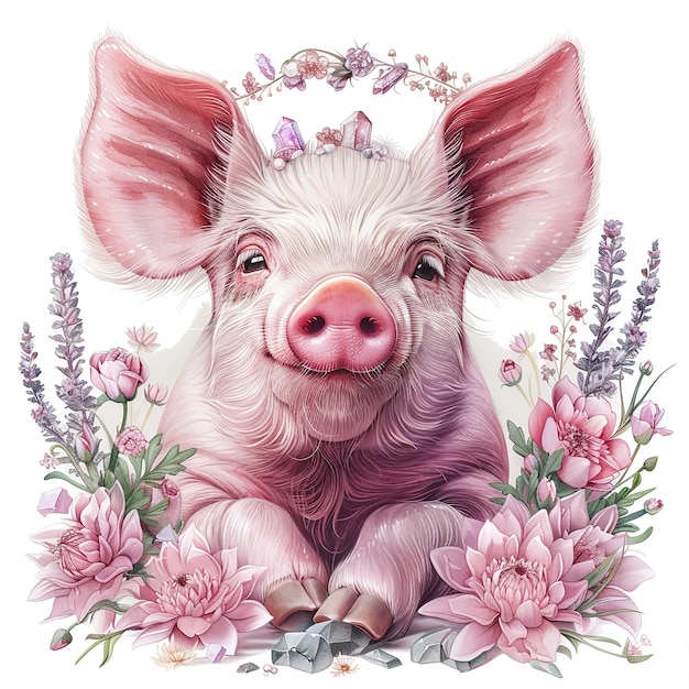 boho vector illustration of a cute pig with flowers