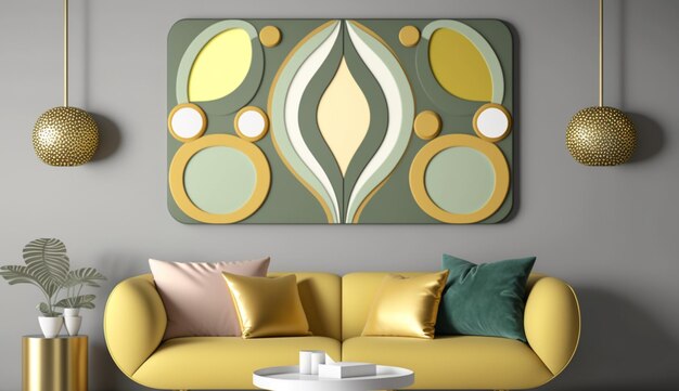 Boho wall art simple curved shapes sage yellow uhd 8k generative ai