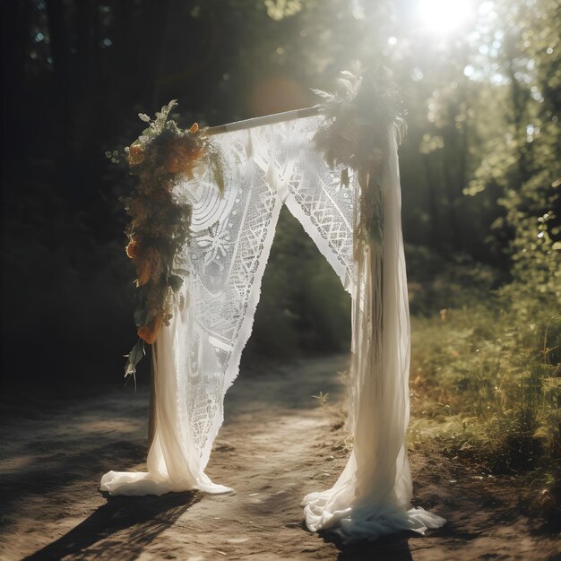 Foto arco da matrimonio boho decorato con garza di garza una splendida sovrapposizione in studio con vista frontale