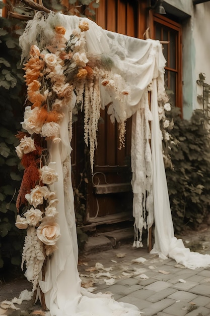 Boho Wedding Arch Decorated with Cheesecloth Gauze A Stunning Front View studio overlay