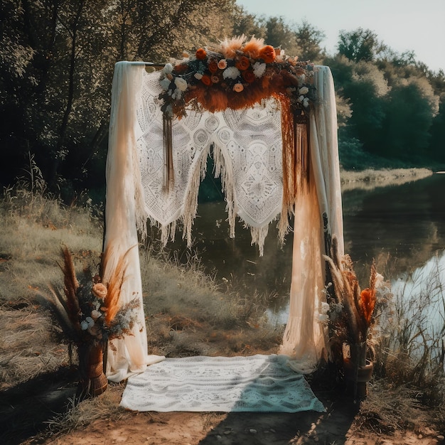 Boho Wedding Arch Versierd met Kaasdoek Gaas Een verbluffende vooraanzicht studio-overlay