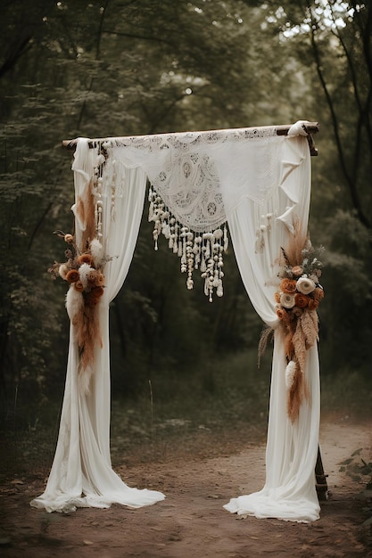 Boho Wedding Arch Versierd met Kaasdoek Gaas Een verbluffende vooraanzicht studio-overlay