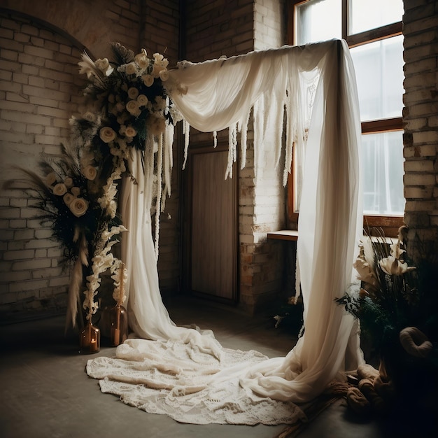 Boho Wedding Arch Versierd met Kaasdoek Gaas Een verbluffende vooraanzicht studio-overlay