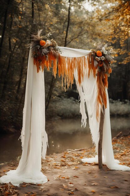 Boho Wedding Arch Versierd met Kaasdoek Gaas Een verbluffende vooraanzicht studio-overlay