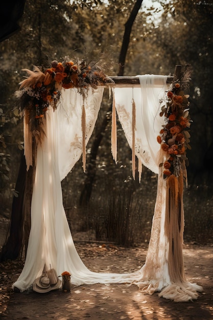 Boho Wedding Arch Versierd met Kaasdoek Gaas Een verbluffende vooraanzicht studio-overlay