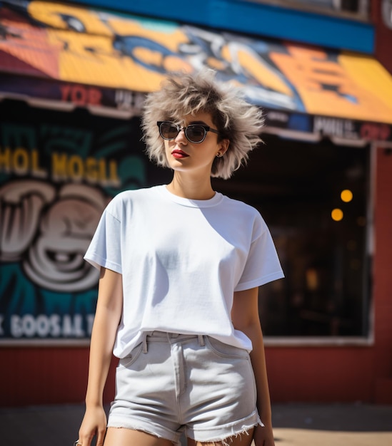 Boho woman Bella Canvas 3001 Mockup White Tshirt Mockup Model Shirt Mockup Cute Shirt in the street