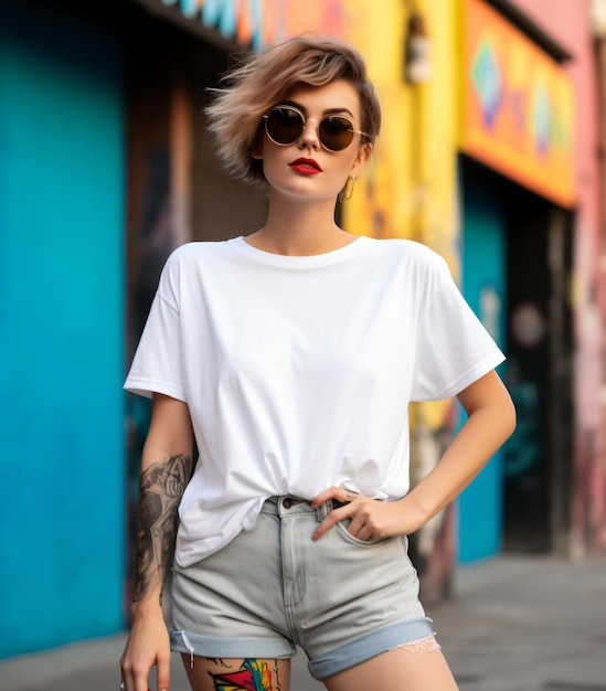 Boho woman Bella Canvas 3001 Mockup White Tshirt Mockup Model Shirt Mockup Cute Shirt in the street