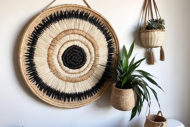 Photo boho woven basket wall hanging in a natural decor setup