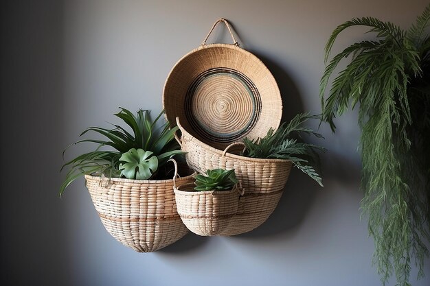 Photo boho woven wall basket display with artisanal craftsmanship