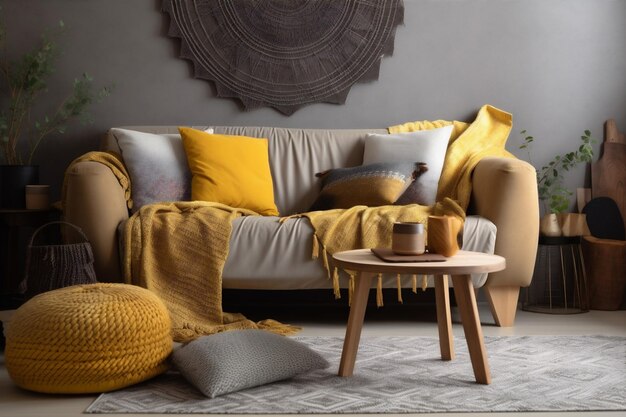 Boho yellow house modern home cushion pillow grey decor interior sofa Generative AI