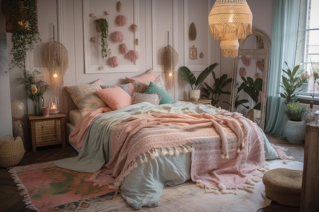 Бохичная спальня с плюшевыми одеялами и подушками в пастельных тонах
