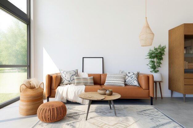 Bohochic living room exudes warmth with a peach fuzz color palette blending trendy decor and stylish