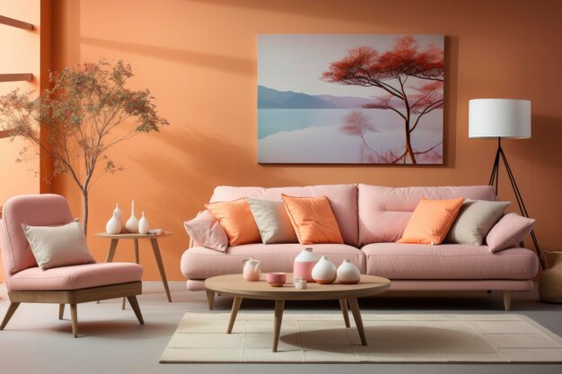 Bohochic living room exudes warmth with a peach fuzz color palette blending trendy decor