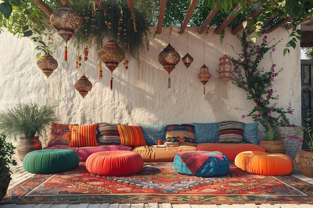 Bohochic outdoor lounge with colorful poufs and ha