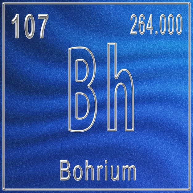 Bohrium scheikundig element, bord met atoomnummer en atoomgewicht, periodiek systeemelement