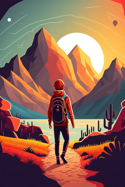 Photo a boi goying on a fantastic adventure with beautiful orange sunlight and mountains generative ai