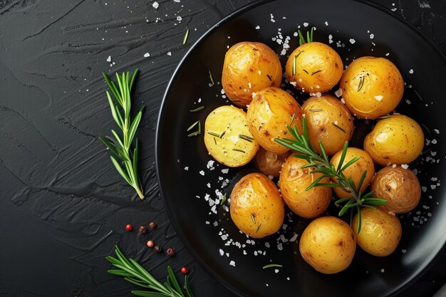 Boiled baby potatoes with rosemary and sea salt on a black plate AI generated