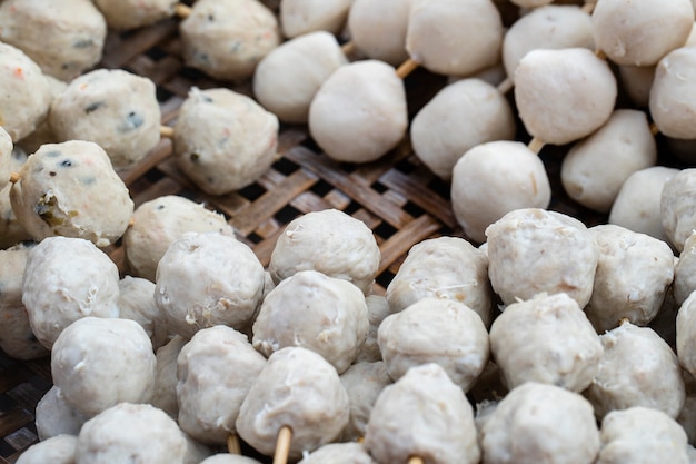 Boiled ball with sticks, Thai style food. Street fast food in Thailand, close up