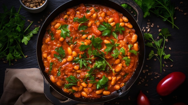 Photo boiled beans in tomato sauce with parsley and spices