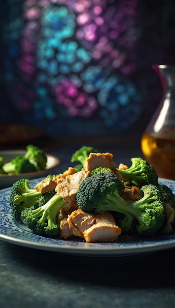 Photo boiled broccoli vegetables and beef for diet food on a plate generative ai