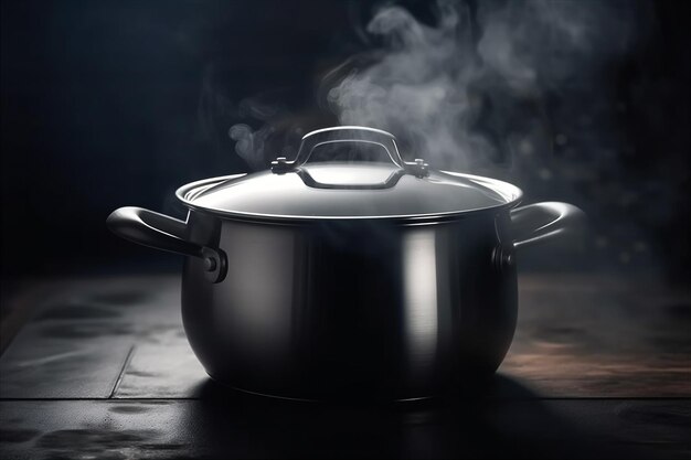 Boiled casserole with steam on cooker dark kitchen AI generated