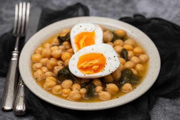 Boiled chickpea with spinach and boiled egg on plate